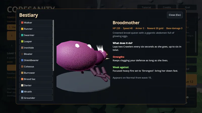 Coresanity screenshot: Bestiary.